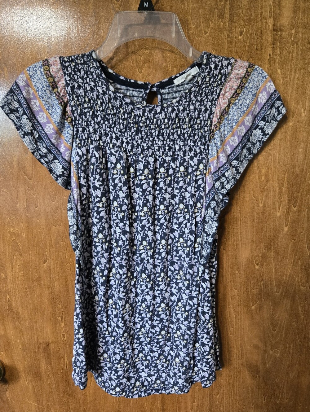 Maurices Navy Floral Smocked Short Sleeve Blouse with Lavender Accents
